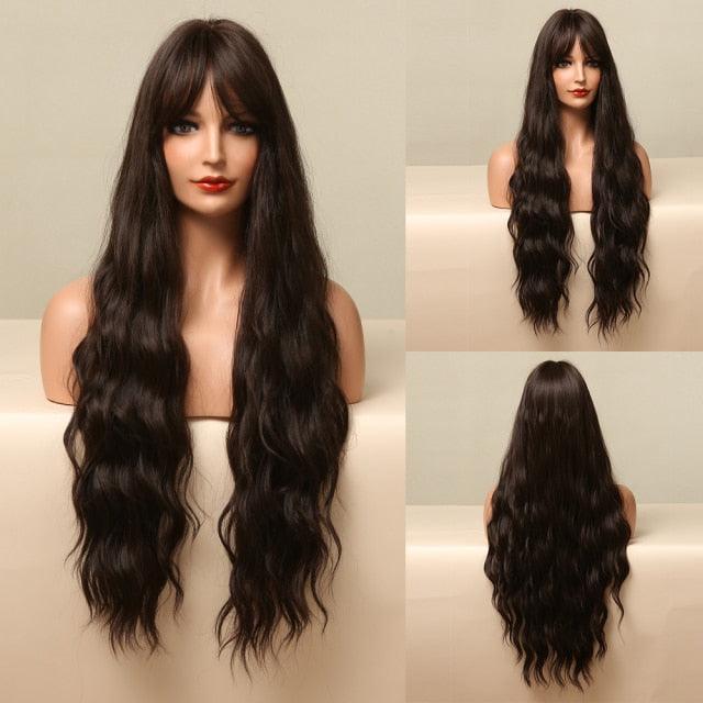 Fashionable Long Wavy Synthetic Wigs Brown to Blonde Ombre with Bangs Fake Hair for Women Daily Cosplay Party Heat Resistant Wigs For Black Women Gifts for Girlfriends