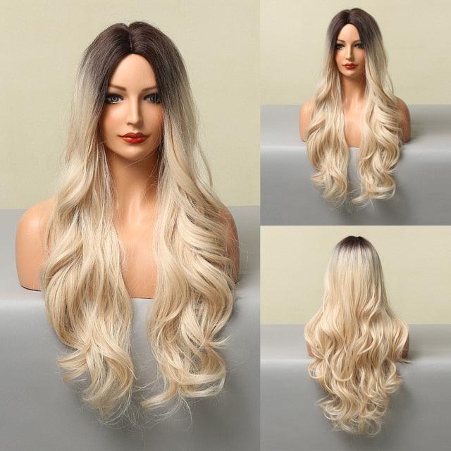 Fashionable Long Wavy Synthetic Wigs Brown to Blonde Ombre with Bangs Fake Hair for Women Daily Cosplay Party Heat Resistant Wigs For Black Women Gifts for Girlfriends