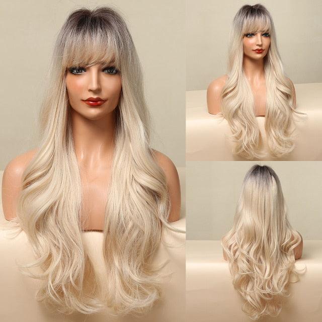 Fashionable Long Wavy Synthetic Wigs Brown to Blonde Ombre with Bangs Fake Hair for Women Daily Cosplay Party Heat Resistant Wigs For Black Women Gifts for Girlfriends