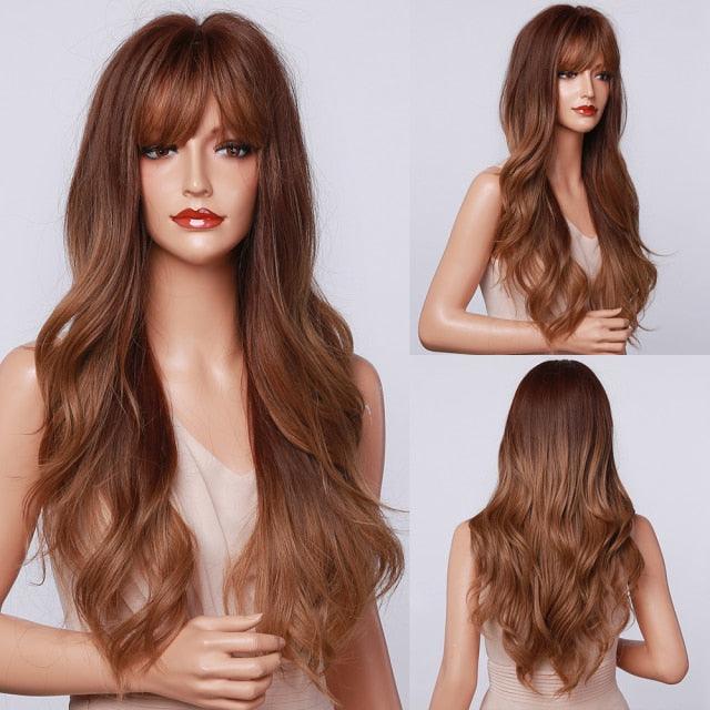 Fashionable Long Wavy Synthetic Wigs Brown to Blonde Ombre with Bangs Fake Hair for Women Daily Cosplay Party Heat Resistant Wigs For Black Women Gifts for Girlfriends