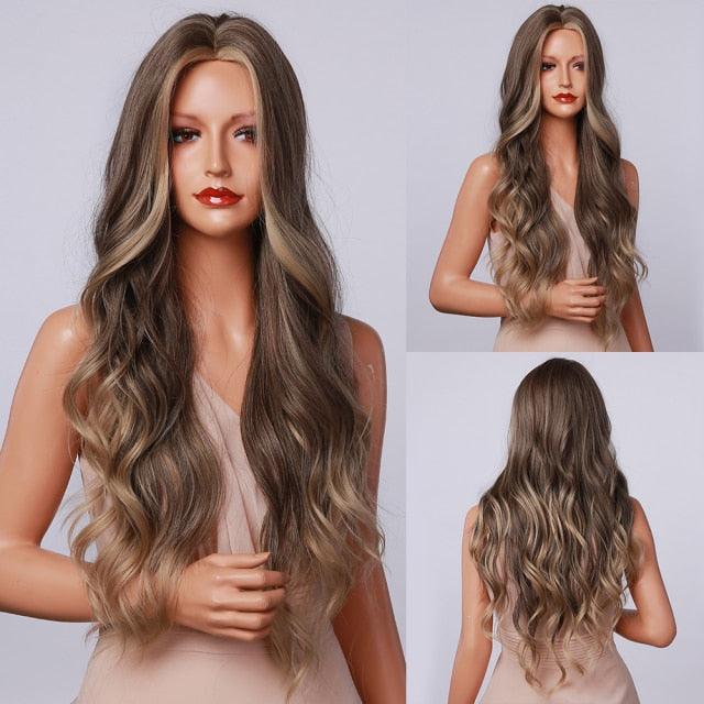 Fashionable Long Wavy Synthetic Wigs Brown to Blonde Ombre with Bangs Fake Hair for Women Daily Cosplay Party Heat Resistant Wigs For Black Women Gifts for Girlfriends