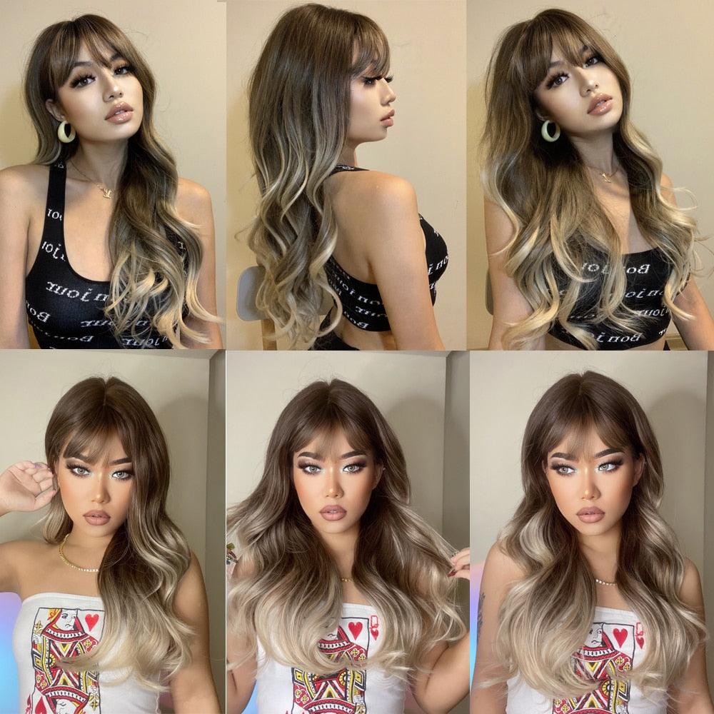 Fashionable Long Wavy Synthetic Wigs Brown to Blonde Ombre with Bangs Fake Hair for Women Daily Cosplay Party Heat Resistant Wigs For Black Women Gifts for Girlfriends