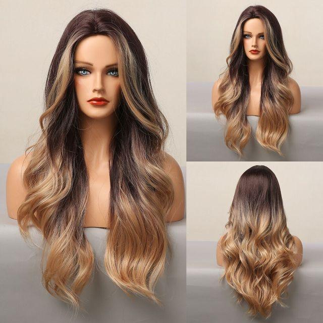 Fashionable Long Wavy Synthetic Wigs Brown to Blonde Ombre with Bangs Fake Hair for Women Daily Cosplay Party Heat Resistant Wigs For Black Women Gifts for Girlfriends