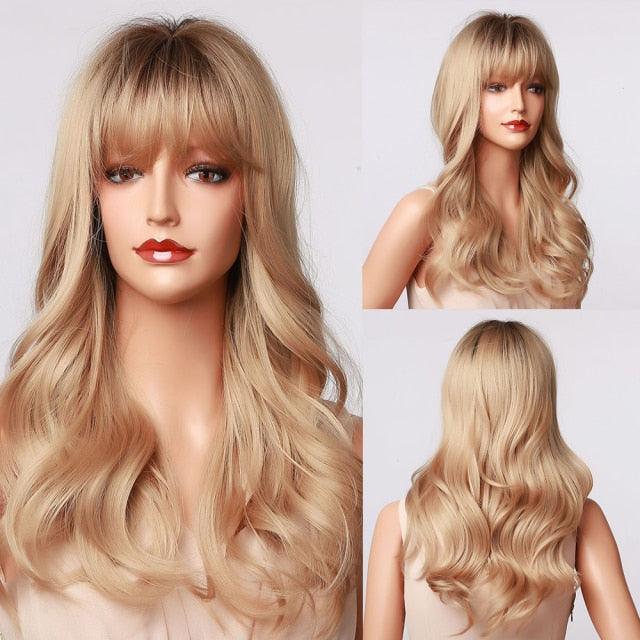 Fashionable Long Wavy Synthetic Wigs Brown to Blonde Ombre with Bangs Fake Hair for Women Daily Cosplay Party Heat Resistant Wigs For Black Women Gifts for Girlfriends