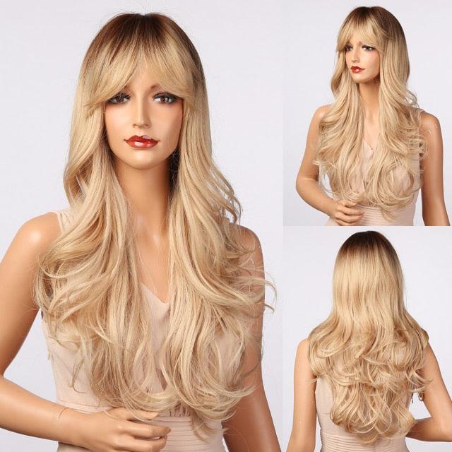 Fashionable Long Wavy Synthetic Wigs Brown to Blonde Ombre with Bangs Fake Hair for Women Daily Cosplay Party Heat Resistant Wigs For Black Women Gifts for Girlfriends