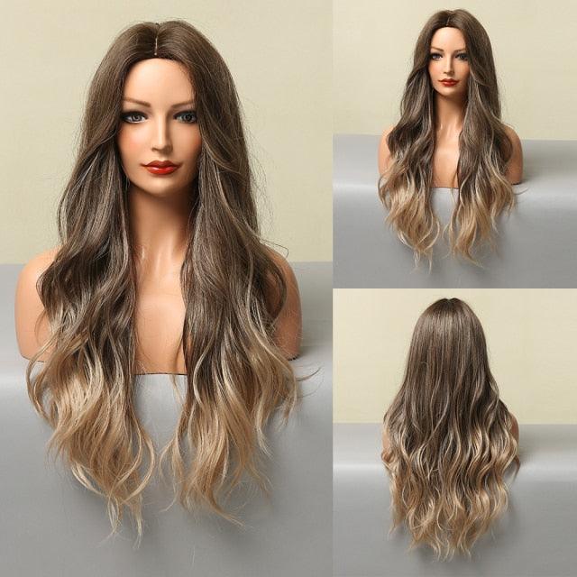 Fashionable Long Wavy Synthetic Wigs Brown to Blonde Ombre with Bangs Fake Hair for Women Daily Cosplay Party Heat Resistant Wigs For Black Women Gifts for Girlfriends