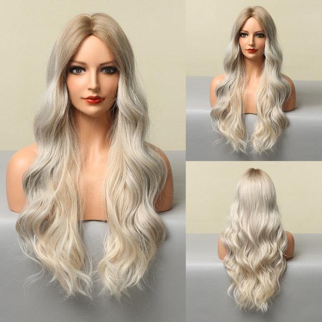 Fashionable Long Wavy Synthetic Wigs Brown to Blonde Ombre with Bangs Fake Hair for Women Daily Cosplay Party Heat Resistant Wigs For Black Women Gifts for Girlfriends