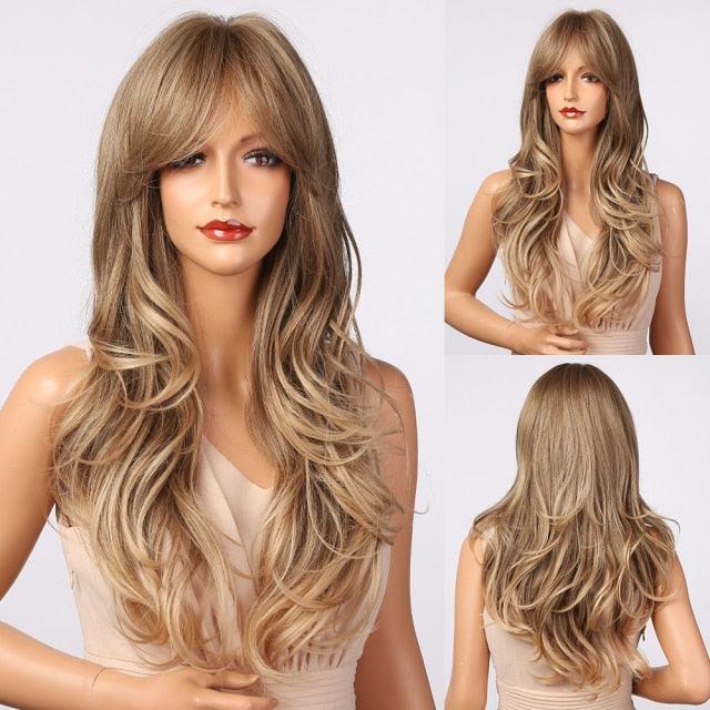 Fashionable Long Wavy Synthetic Wigs Brown to Blonde Ombre with Bangs Fake Hair for Women Daily Cosplay Party Heat Resistant Wigs For Black Women Gifts for Girlfriends