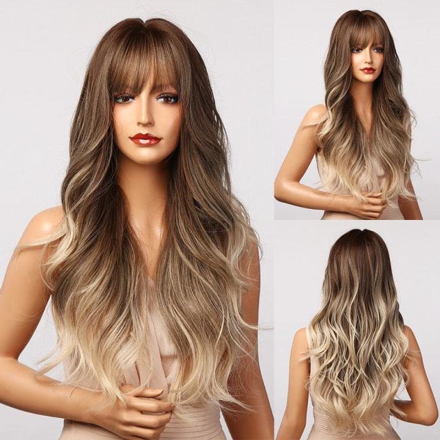 Fashionable Long Wavy Synthetic Wigs Brown to Blonde Ombre with Bangs Fake Hair for Women Daily Cosplay Party Heat Resistant Wigs For Black Women Gifts for Girlfriends