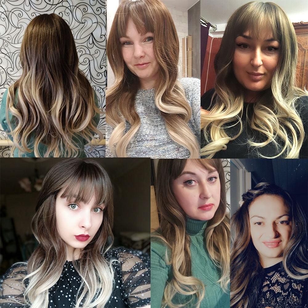 Fashionable Long Wavy Synthetic Wigs Brown to Blonde Ombre with Bangs Fake Hair for Women Daily Cosplay Party Heat Resistant Wigs For Black Women Gifts for Girlfriends