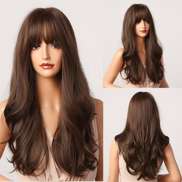 Fashionable Long Wavy Synthetic Wigs Brown to Blonde Ombre with Bangs Fake Hair for Women Daily Cosplay Party Heat Resistant Wigs For Black Women Gifts for Girlfriends