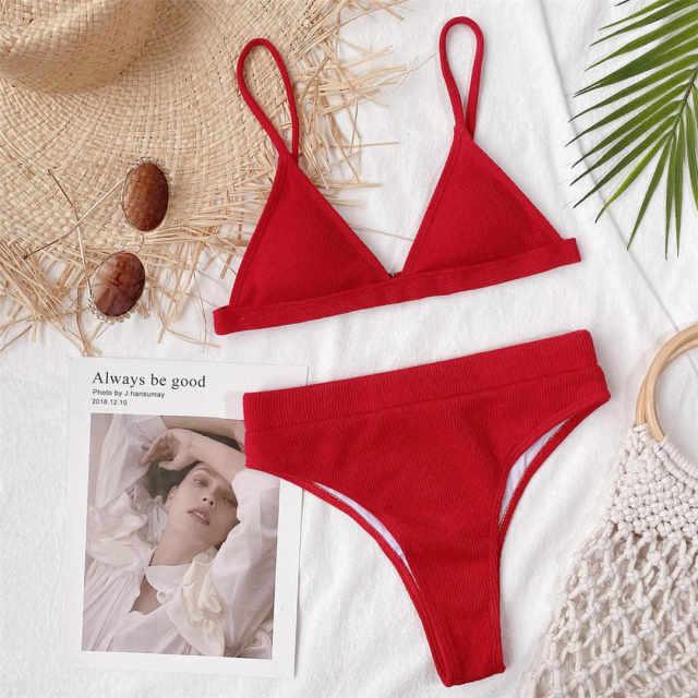 Female Swimsuit High Waist Bikini Women High Waist Swimsuits Triangle Bathing Suit V Neck Two Piece Bikini Sets Women Swimwear Two-pieces Bikini Set Ribbed Bather Bathing Suit Swim