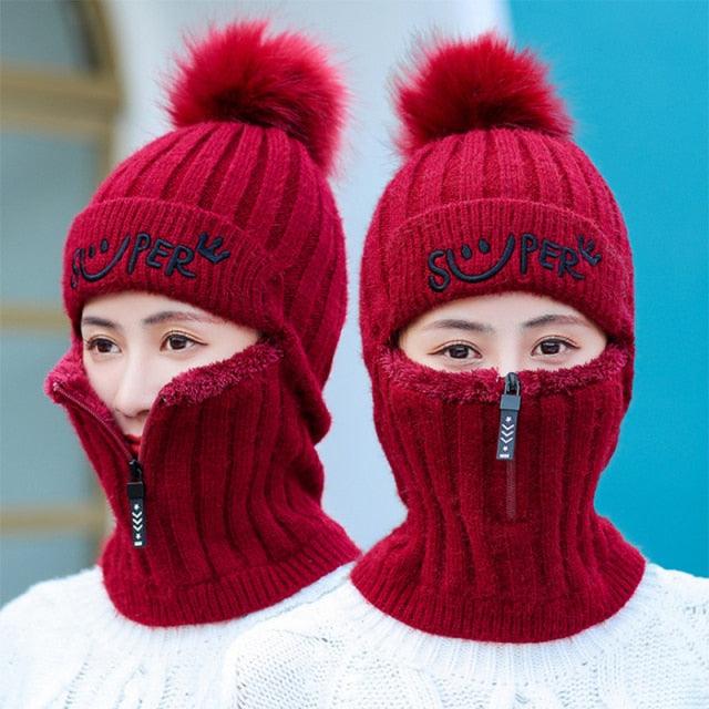 Female Winter Knitted Hats Add Fur Lined Warm Winter Hats For Women With Zipper Keep Face Warmer Balaclava Pompoms Cap Fleece Balaclava Gorgas Bonnet Knitted Hat Windproof Ski Mask Cold Weather Face Mask Motorcycle Balaclava Hood Warmer Winter Sports Cap