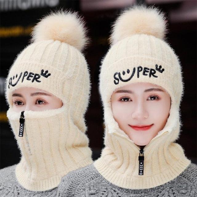 Female Winter Knitted Hats Add Fur Lined Warm Winter Hats For Women With Zipper Keep Face Warmer Balaclava Pompoms Cap Fleece Balaclava Gorgas Bonnet Knitted Hat Windproof Ski Mask Cold Weather Face Mask Motorcycle Balaclava Hood Warmer Winter Sports Cap