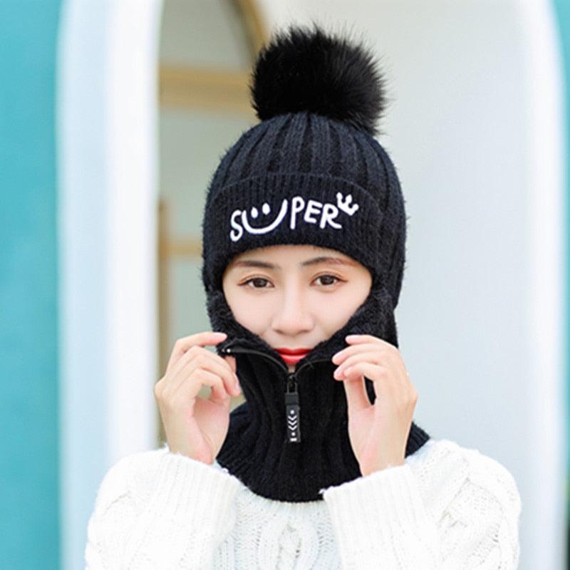 Female Winter Knitted Hats Add Fur Lined Warm Winter Hats For Women With Zipper Keep Face Warmer Balaclava Pompoms Cap Fleece Balaclava Gorgas Bonnet Knitted Hat Windproof Ski Mask Cold Weather Face Mask Motorcycle Balaclava Hood Warmer Winter Sports Cap