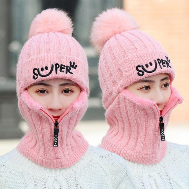 Female Winter Knitted Hats Add Fur Lined Warm Winter Hats For Women With Zipper Keep Face Warmer Balaclava Pompoms Cap Fleece Balaclava Gorgas Bonnet Knitted Hat Windproof Ski Mask Cold Weather Face Mask Motorcycle Balaclava Hood Warmer Winter Sports Cap