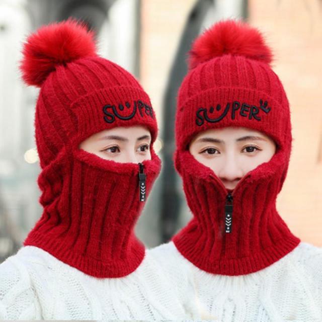 Female Winter Knitted Hats Add Fur Lined Warm Winter Hats For Women With Zipper Keep Face Warmer Balaclava Pompoms Cap Fleece Balaclava Gorgas Bonnet Knitted Hat Windproof Ski Mask Cold Weather Face Mask Motorcycle Balaclava Hood Warmer Winter Sports Cap