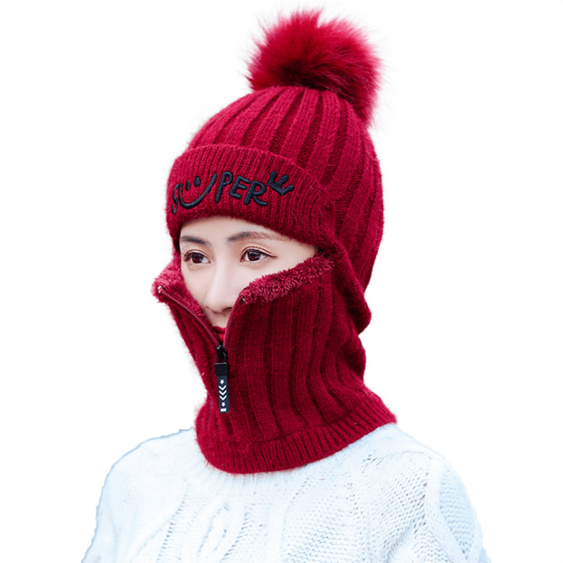 Female Winter Knitted Hats Add Fur Lined Warm Winter Hats For Women With Zipper Keep Face Warmer Balaclava Pompoms Cap Fleece Balaclava Gorgas Bonnet Knitted Hat Windproof Ski Mask Cold Weather Face Mask Motorcycle Balaclava Hood Warmer Winter Sports Cap