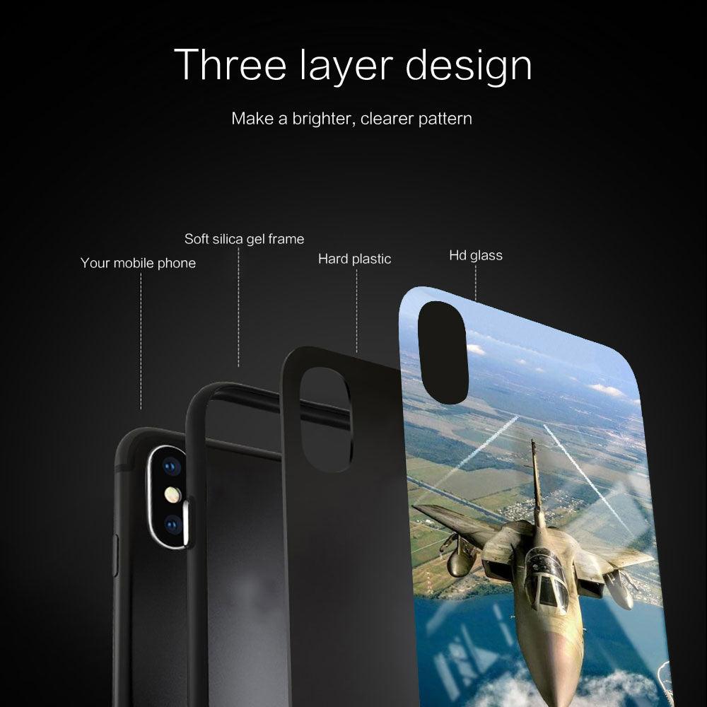 Fighter Propeller Plane Soft Glass Silicone Case For iPhone 13 12 11 Pro X XS Max XR 8 7 6 Plus SE S Mini Balck Cover Ultra Thin Anti Shockproof TPU Silicone Painted Pattern Scratch Resistant Cover