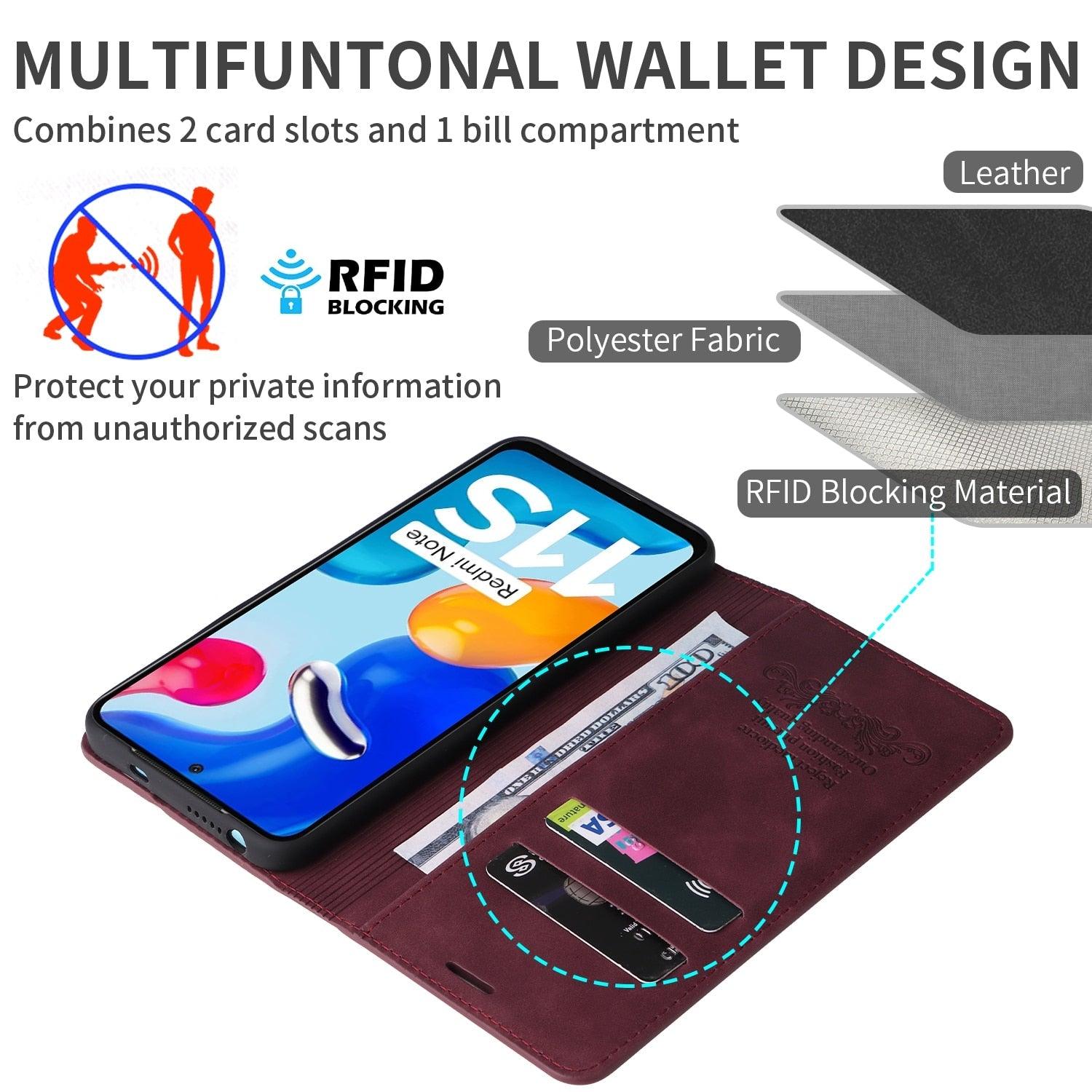 Flip Leather RFID Blocking Wallet Case For Xiaomi Redmi Note 11 10 9 8 7 10C 10A 9 9A 9C 9T 8 Xiaomi Poco X3 X4 NFC M3 M4 Pro F3 Magnetic Leather Wallet Card Slots Phone Case Flip Bumper Protective Cover