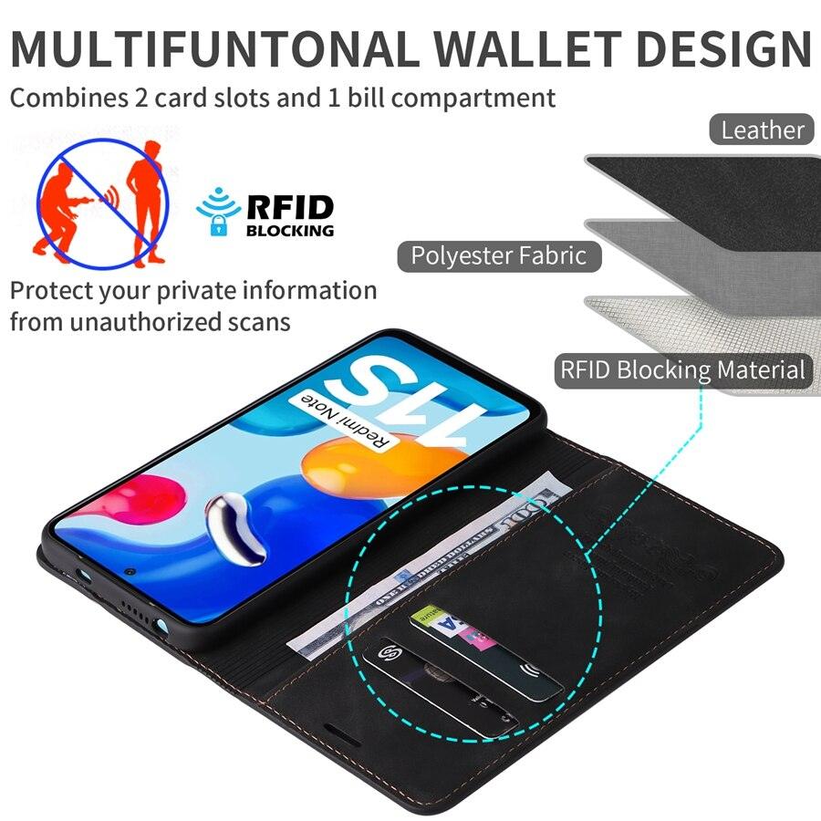 Flip Leather RFID Blocking Wallet Case For Xiaomi Redmi Note 11 10 9 8 7 10C 10A 9 9A 9C 9T 8 Xiaomi Poco X3 X4 NFC M3 M4 Pro F3 Magnetic Leather Wallet Card Slots Phone Case Flip Bumper Protective Cover