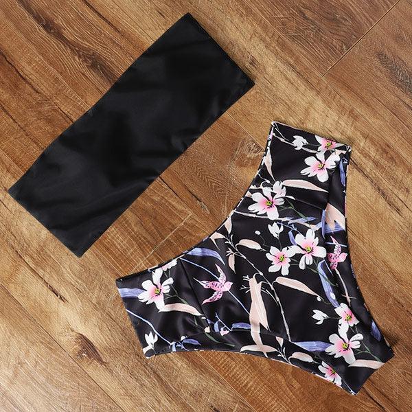 Floral Bikini Set Swimsuit High Waist Bathing Suit Black Swimwear Women Push-Up Leaf Women's Strapless High Waist Bikini Swimsuits Lace Up 2 Pieces Bathing Suit Swimwear