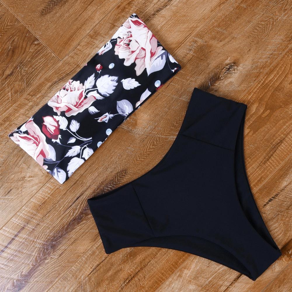 Floral Bikini Set Swimsuit High Waist Bathing Suit Black Swimwear Women Push-Up Leaf Women's Strapless High Waist Bikini Swimsuits Lace Up 2 Pieces Bathing Suit Swimwear