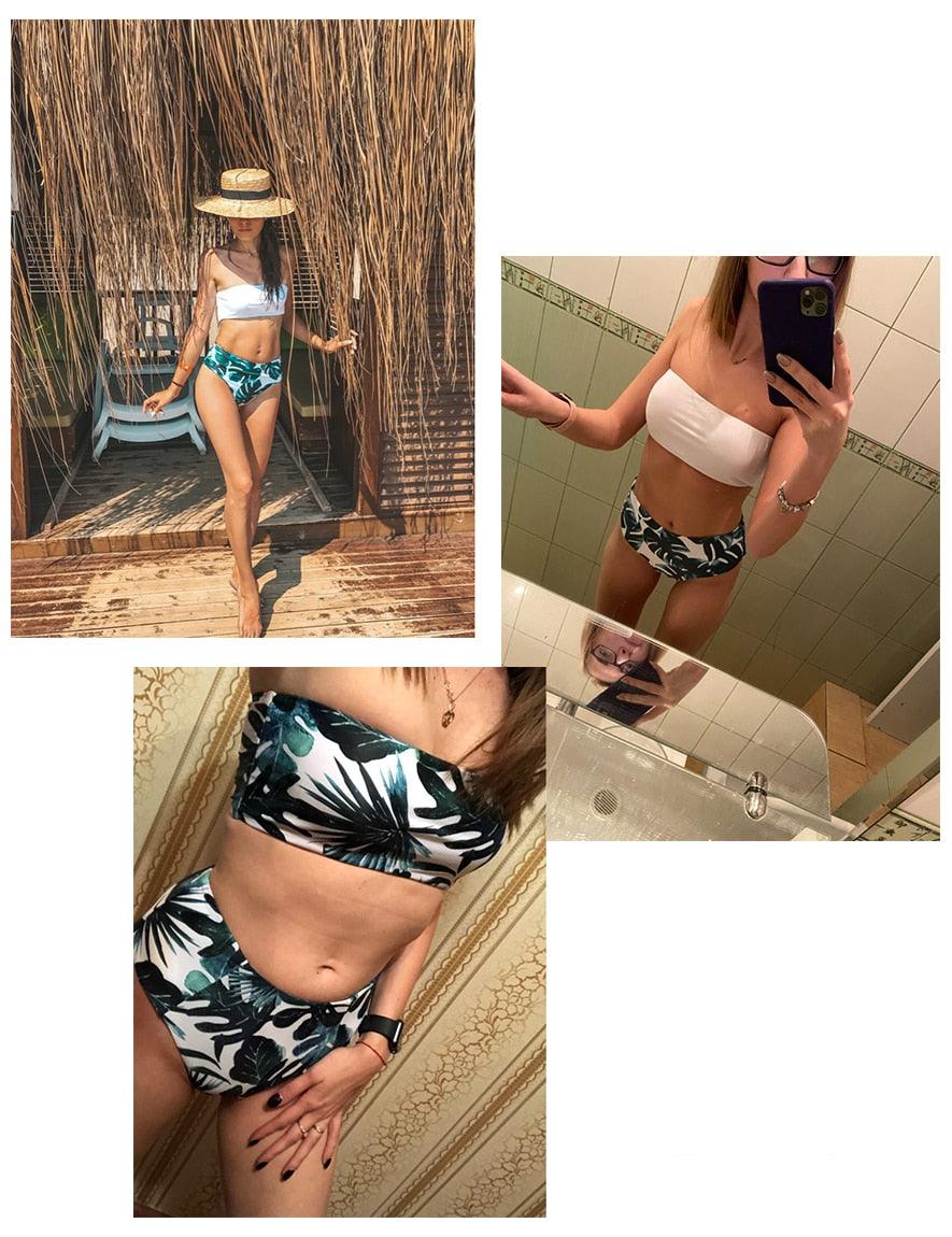 Floral Bikini Set Swimsuit High Waist Bathing Suit Black Swimwear Women Push-Up Leaf Women's Strapless High Waist Bikini Swimsuits Lace Up 2 Pieces Bathing Suit Swimwear