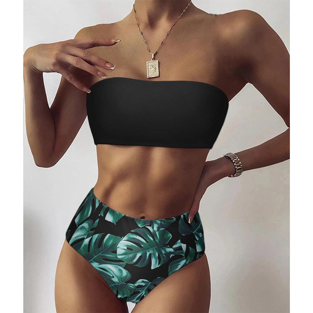 Floral Bikini Set Swimsuit High Waist Bathing Suit Black Swimwear Women Push-Up Leaf Women's Strapless High Waist Bikini Swimsuits Lace Up 2 Pieces Bathing Suit Swimwear