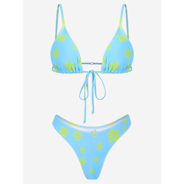 Floral Print Bikini String Swimsuit High Cut Bikini Set Bathing Suit Women's Swimsuit Halter Ribbed Polka Dot Tie Dye String Bathing Suit Bikini Set Women Swimwear High Waist Bikinis Beach