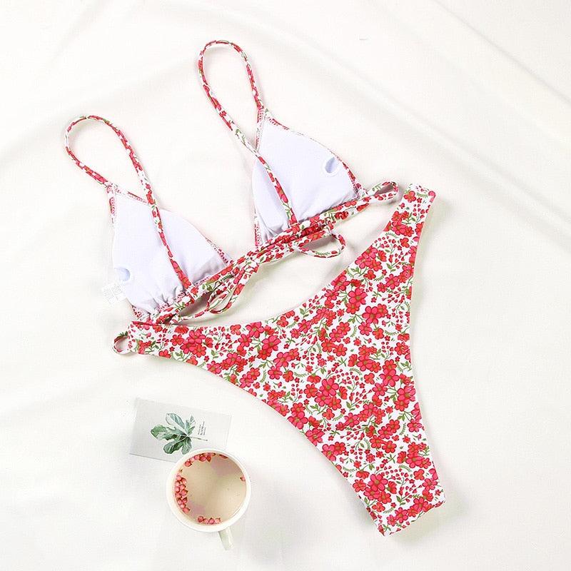 Floral Print Bikini String Swimsuit High Cut Bikini Set Bathing Suit Women's Swimsuit Halter Ribbed Polka Dot Tie Dye String Bathing Suit Bikini Set Women Swimwear High Waist Bikinis Beach