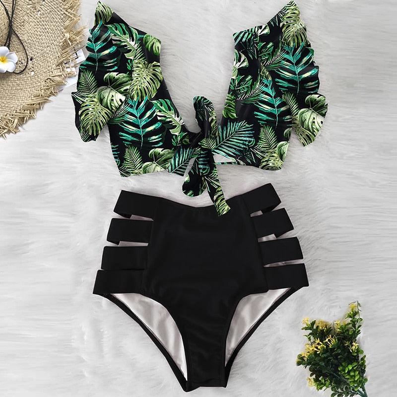 Floral Ruffled Bikini Set Women V-Neck High-Waist Two Piece Swimsuit Girl Beach Bathing Suit Swimwear Women's Triangle Bikini Floral Print Bottom Two Piece Swimsuit