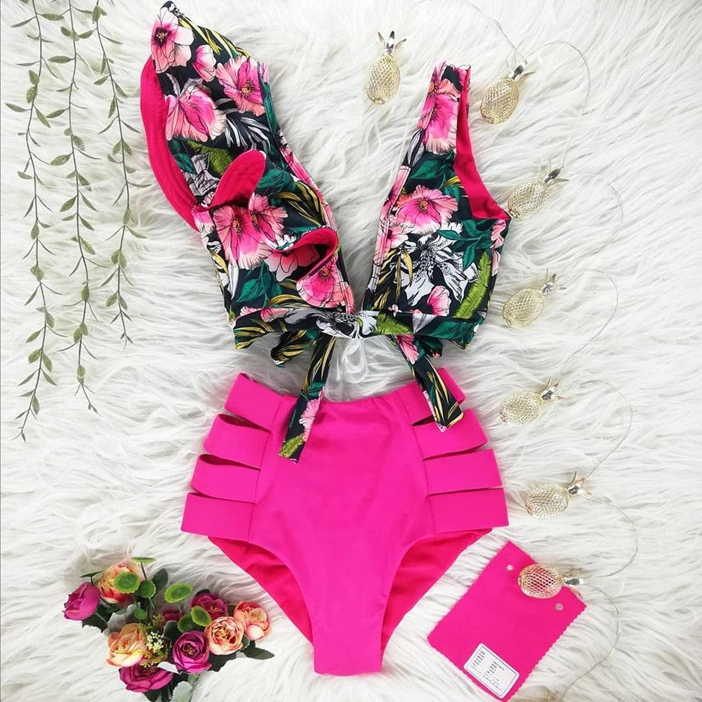 Floral Ruffled Bikini Set Women V-Neck High-Waist Two Piece Swimsuit Girl Beach Bathing Suit Swimwear Women's Triangle Bikini Floral Print Bottom Two Piece Swimsuit