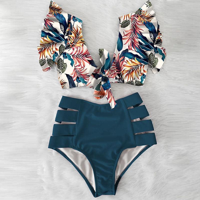 Floral Ruffled Bikini Set Women V-Neck High-Waist Two Piece Swimsuit Girl Beach Bathing Suit Swimwear Women's Triangle Bikini Floral Print Bottom Two Piece Swimsuit