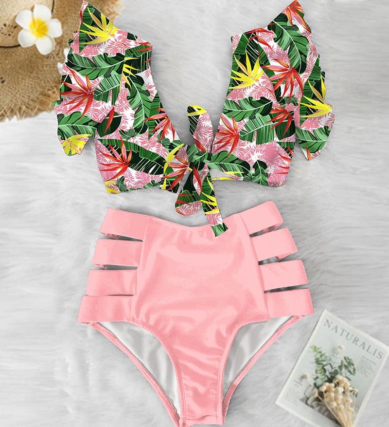 Floral Ruffled Bikini Set Women V-Neck High-Waist Two Piece Swimsuit Girl Beach Bathing Suit Swimwear Women's Triangle Bikini Floral Print Bottom Two Piece Swimsuit