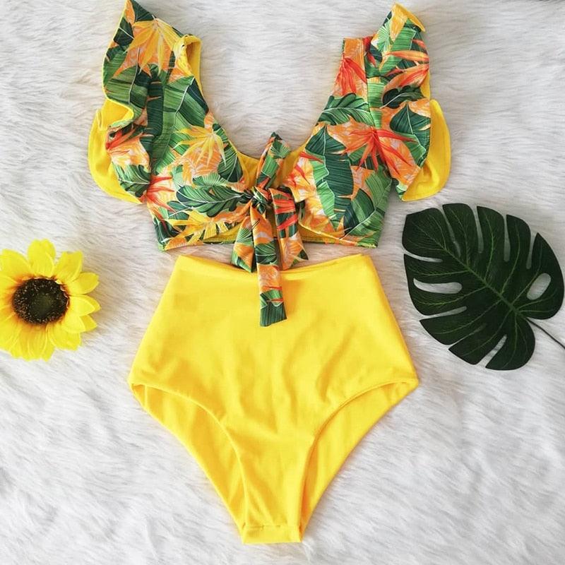 Floral Ruffled Bikini Set Women V-Neck High-Waist Two Piece Swimsuit Girl Beach Bathing Suit Swimwear Women's Triangle Bikini Floral Print Bottom Two Piece Swimsuit