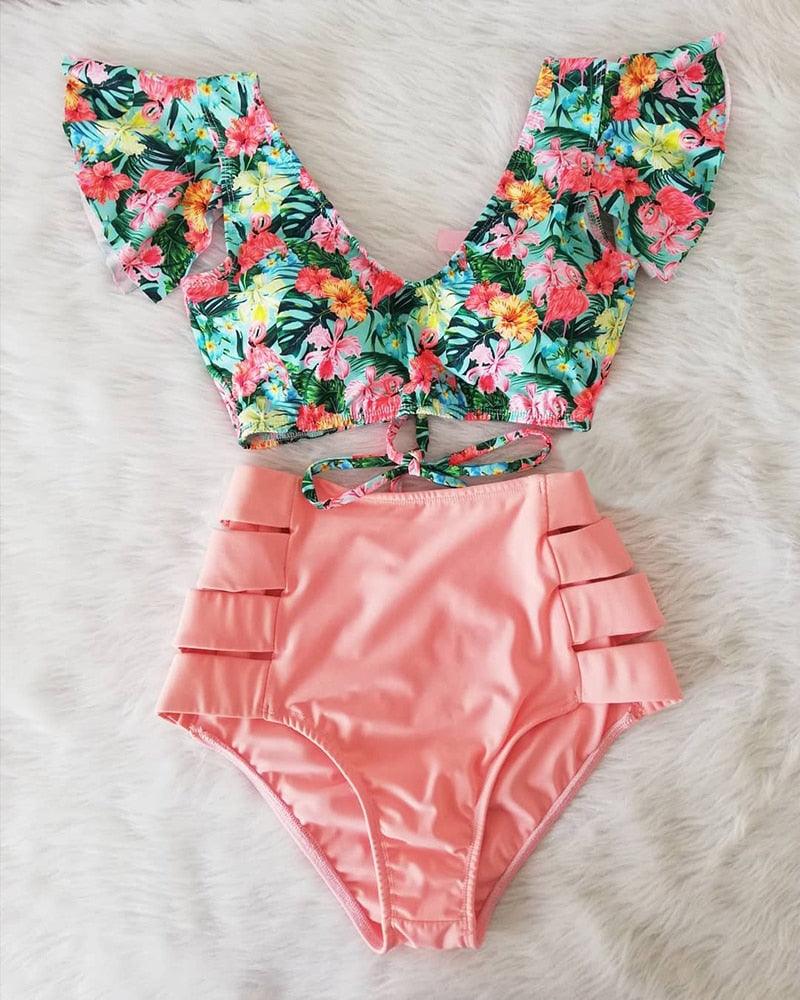 Floral Ruffled Bikini Set Women V-Neck High-Waist Two Piece Swimsuit Girl Beach Bathing Suit Swimwear Women's Triangle Bikini Floral Print Bottom Two Piece Swimsuit