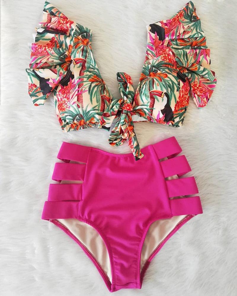 Floral Ruffled Bikini Set Women V-Neck High-Waist Two Piece Swimsuit Girl Beach Bathing Suit Swimwear Women's Triangle Bikini Floral Print Bottom Two Piece Swimsuit