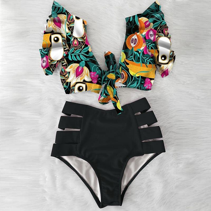 Floral Ruffled Bikini Set Women V-Neck High-Waist Two Piece Swimsuit Girl Beach Bathing Suit Swimwear Women's Triangle Bikini Floral Print Bottom Two Piece Swimsuit