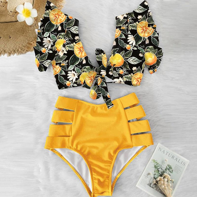 Floral Ruffled Bikini Set Women V-Neck High-Waist Two Piece Swimsuit Girl Beach Bathing Suit Swimwear Women's Triangle Bikini Floral Print Bottom Two Piece Swimsuit