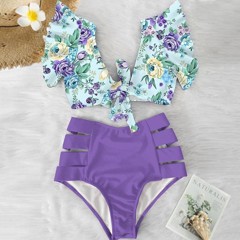 Floral Ruffled Bikini Set Women V-Neck High-Waist Two Piece Swimsuit Girl Beach Bathing Suit Swimwear Women's Triangle Bikini Floral Print Bottom Two Piece Swimsuit