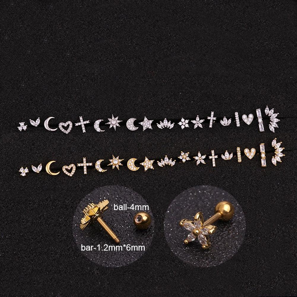 Floral Star Heart Cross Flower Crown Bar Cartilage Piercing Stud Helix Jewelry Tragus Conch Rook  Earrings Flat Bottom Labret Ear Bone Stud Classic Piercing Cartilage Tragus Earring Studs Nose Rings Studs Surgical Steel Nose Ear Earlobe Screw Back Earring