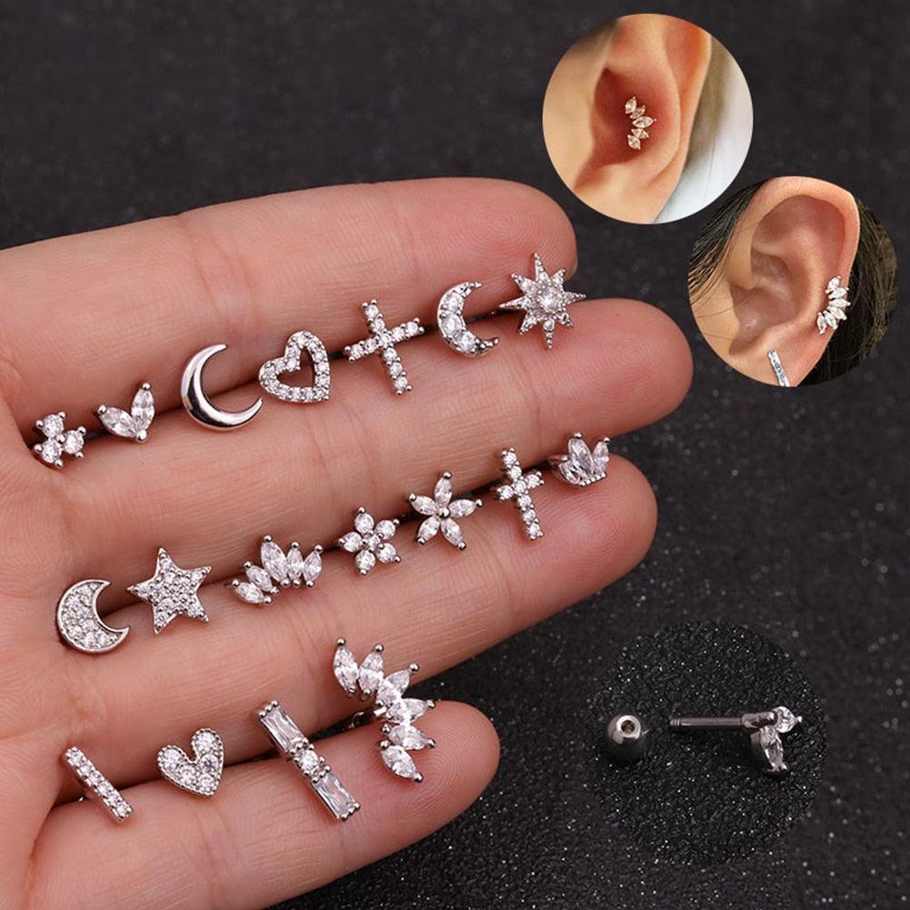 Floral Star Heart Cross Flower Crown Bar Cartilage Piercing Stud Helix Jewelry Tragus Conch Rook  Earrings Flat Bottom Labret Ear Bone Stud Classic Piercing Cartilage Tragus Earring Studs Nose Rings Studs Surgical Steel Nose Ear Earlobe Screw Back Earring