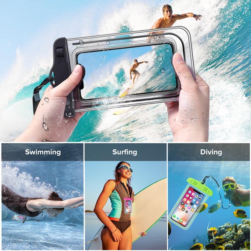 Florescent Universal Waterproof Phone Pouch Case Diving Swimming Bag Luminous Mobile Cover For Phone Sports Beach Pool 6 inch Universal Water Proof Mobile Pouch/Case Cover for Rain Protection & Under Water Swimming Bag Case and Strap