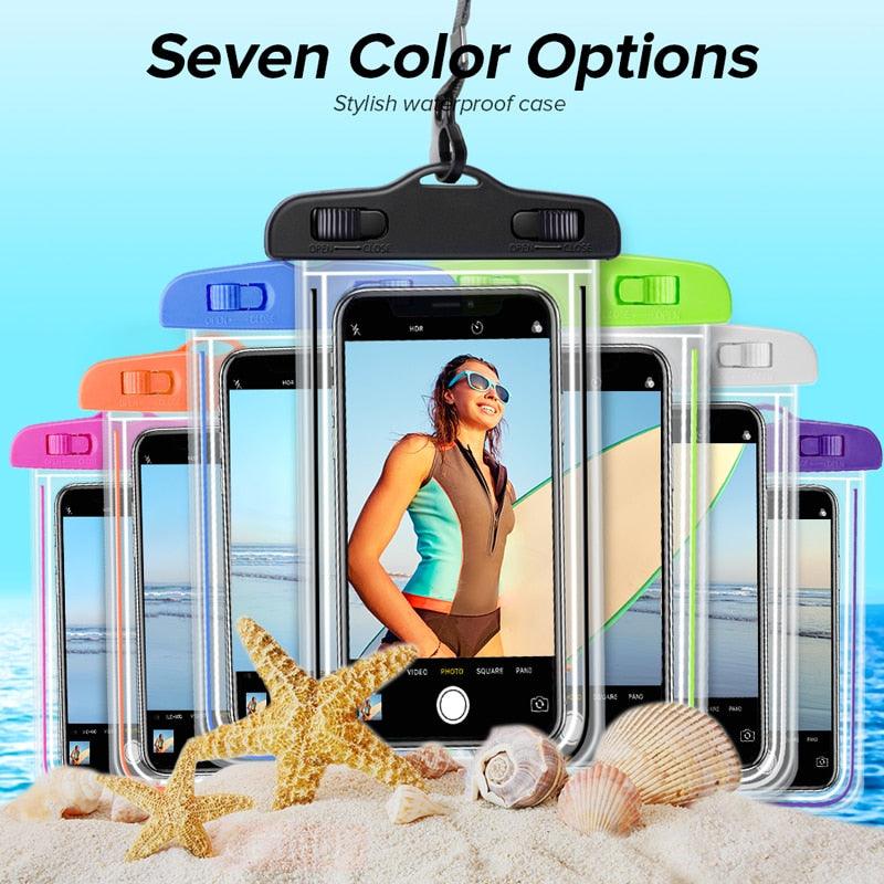 Florescent Universal Waterproof Phone Pouch Case Diving Swimming Bag Luminous Mobile Cover For Phone Sports Beach Pool 6 inch Universal Water Proof Mobile Pouch/Case Cover for Rain Protection & Under Water Swimming Bag Case and Strap