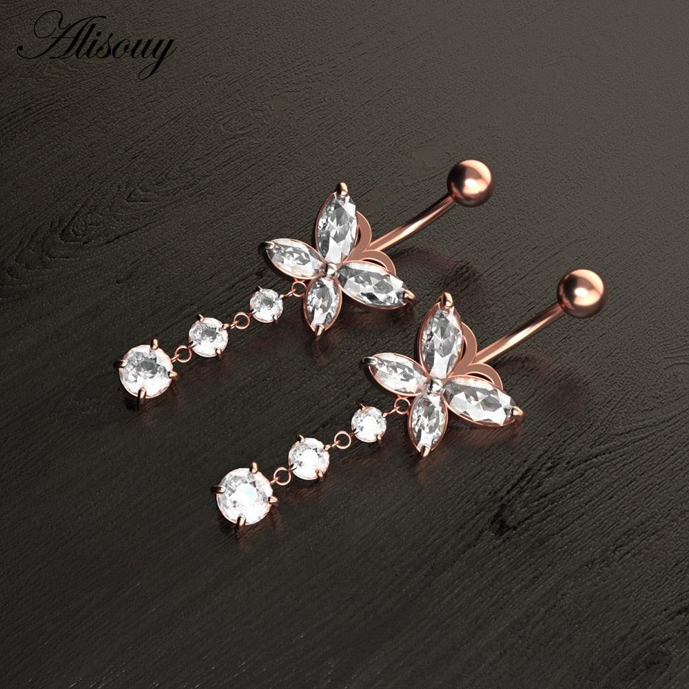 Flower Heart Dangled Belly Navel Piercing Button Ring Stainless Steel Belly Button Stainless Steel CZ Crystal Opal Woman Belly Button Rings Navel Piercing Bar Double Crystal Head Stainless Steel Cubic Zirconia Stone Belly Button Ring Piercing Body Jewelry