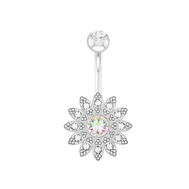 Flower Heart Dangled Belly Navel Piercing Button Ring Stainless Steel Belly Button Stainless Steel CZ Crystal Opal Woman Belly Button Rings Navel Piercing Bar Double Crystal Head Stainless Steel Cubic Zirconia Stone Belly Button Ring Piercing Body Jewelry