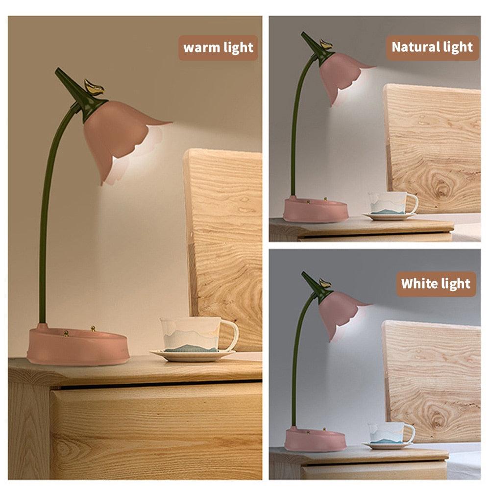 Flower LED Desk Lamp Student Bedroom Night Lamp Lighting Touch Reading Bedside Lamp Eye Protection Night Lights Table Lamp Light Cute Study Lamps for Bedroom Décor