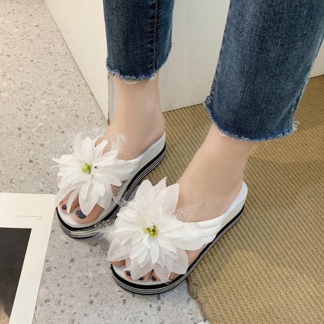 Flowers Slippers Summer Flip Flops Womans Platform Shoes Slide Heel Thick Beach Shower Slippers Quick Drying Pool Slides Beach Sandals Open Toe Indoor House Slippers