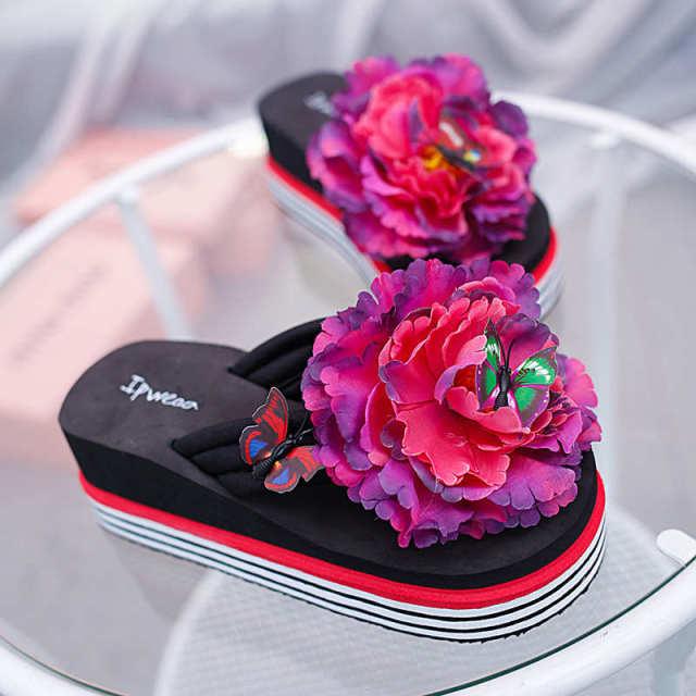 Flowers Slippers Summer Flip Flops Womans Platform Shoes Slide Heel Thick Beach Shower Slippers Quick Drying Pool Slides Beach Sandals Open Toe Indoor House Slippers